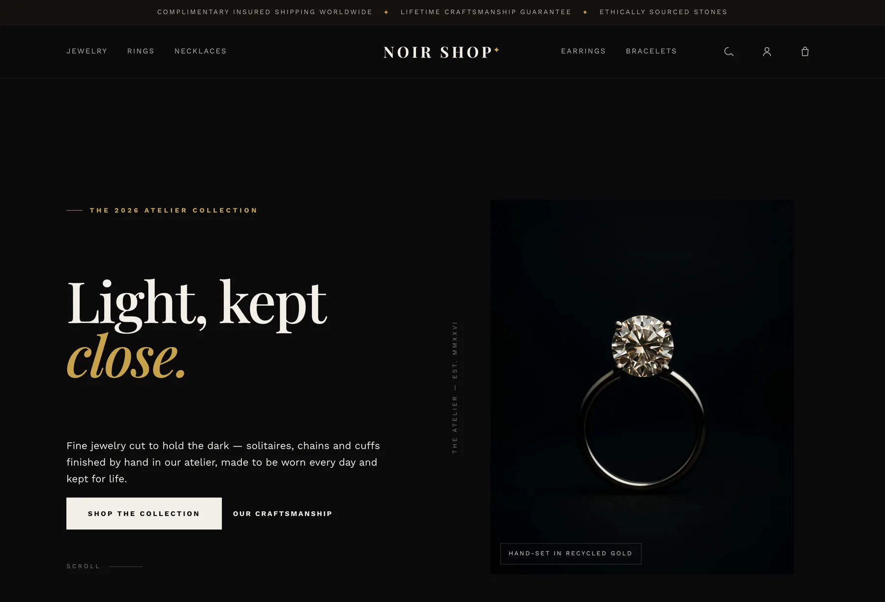 The Nocturne theme homepage: an editorial split hero with a fine diamond ring on a near-black canvas.